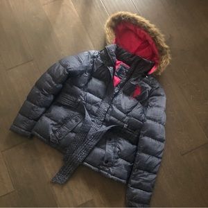 USPA gray plaid puffer coat with pink lining